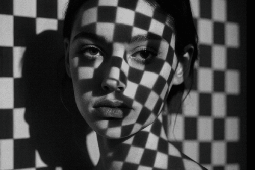 Bild einer Frau in schwarz weiß mit Schachbrett-Muster